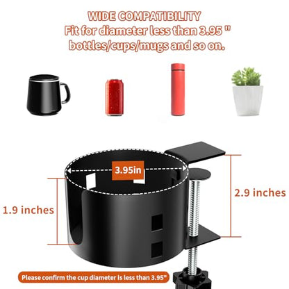 Upgraded Large Desk Cup Holder Clamp, OOKUU Anti-Spill Table Cup Holder, Metal Office & PC Gaming Desk Accessories, Compatible with Universal Cup, Bottles, Pencil Holder (Black) - color: Black, size: 1 Pack, 3.95 inch