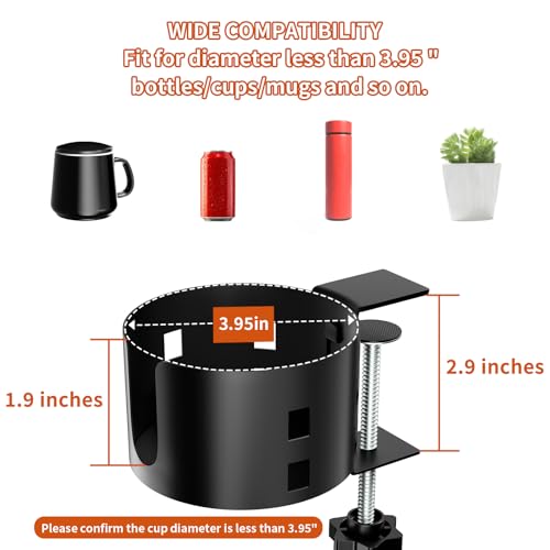 Upgraded Large Desk Cup Holder Clamp, OOKUU Anti-Spill Table Cup Holder, Metal Office & PC Gaming Desk Accessories, Compatible with Universal Cup, Bottles, Pencil Holder (Black) - color: Black, size: 1 Pack, 3.95 inch