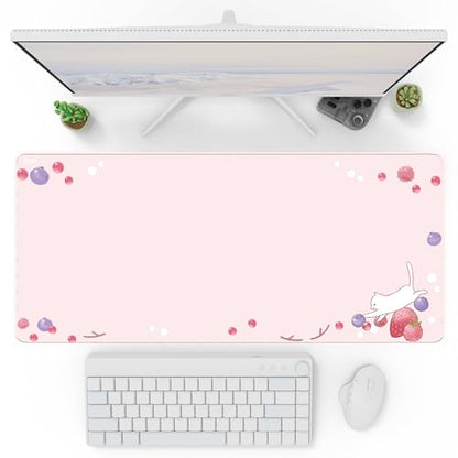 Pixio Mouse Pads - 36 x 16 inch XXL Cats & Berries Pink Multifunctional Large Desk Mats for Gaming, Office, Desktop Anti-Slip Waterproof Washable Computer Mouse Mat - color: Pink