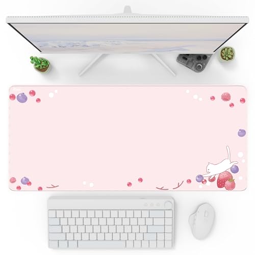 Pixio Mouse Pads - 36 x 16 inch XXL Cats & Berries Pink Multifunctional Large Desk Mats for Gaming, Office, Desktop Anti-Slip Waterproof Washable Computer Mouse Mat - color: Pink