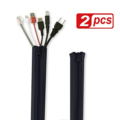 StangH Computer Cord Management Sleeve System - Adjustable Cord Sleeves Wire Cover Concealer Wrap with Zipper, Durable Tidy Cord Keeper for Office Theater/Home, Black,39 Inch Long, 2 Pcs - color: Black, size: 39"L x 3.5"W-2PACKS