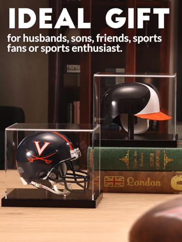 JupDec Mini Helmet Display Case, Acrylic Clear 1/2 Football Baseball Helmet Showcase, UV Protection Souvenirs and Collectibles Box with Solid Wood Base & Riser, Ideal Gift for Sports Enthusiast, Black - size: 1 Pack