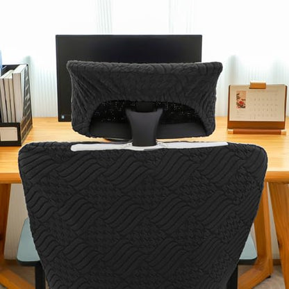 Ergonomic Office Chair Cover with Headrest Covers Black Jacquard Stretch Desk Chair and Headrest Slipcovers Washable - color: Jacqaurd L-black, size: Chair and Headrest Covers