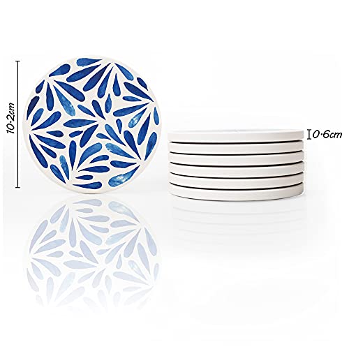 AD Set of 6 Coasters for Drinks Absorbing Round Ceramic Stone Coaster with Cork Base,Tabletop Protection Mat for Mugs and Cups,Office,Kitchen (Indigo Blue with Holder) - style: Indigo Blue with Holder