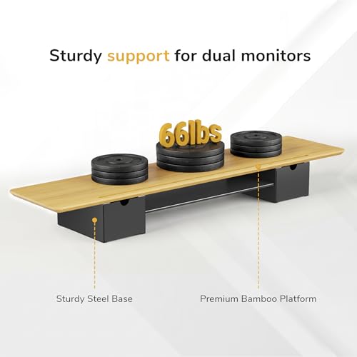 Mount-It! Extra Wide 39" Real Solid Bamboo Dual Monitor Stand Riser, 2 Metal Drawers + Shelf, 66 lbs, Built-In Device Slot, Home Office Desk Organizer