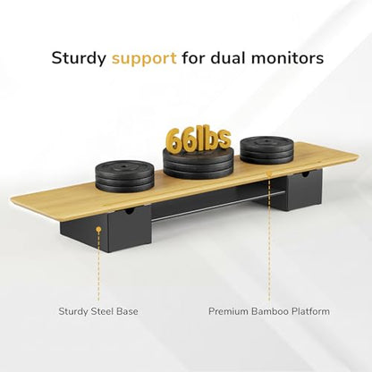Mount-It! Extra Wide 39" Real Solid Bamboo Dual Monitor Stand Riser, 2 Metal Drawers + Shelf, 66 lbs, Built-In Device Slot, Home Office Desk Organizer