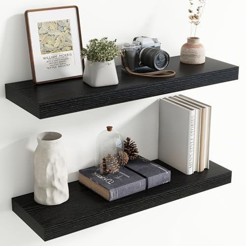 30 Inch Floating Shelves for Wall, 8 Inch Deep Floating Shelf for Storage & Display, Rustic Wall Mounted Shelf with Invisible Brackets for Living Room, Kitchen, Bathroom, Home Decor, Set of 2, Black - color: Black, size: 30 Inch, Set of 2