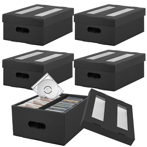 AOBOPLE CD Storage Box with 2 Compartments,5 Pack Cardboard CD Case Storage,Holds 300 Jewel Cases,CD Case Holder with PVC Window Lid,Portable Organizer for Media Collection - style: 5 Pack 2 Compartment