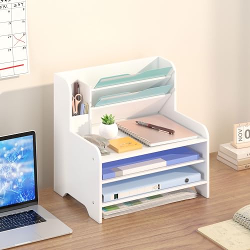 Bamboo Desk Organizer Mail Holder Countertop Letter Tray File Organizer for Desk Letter Sorter Paper File Storage for School Home Office Supplies - color: White, size: Large