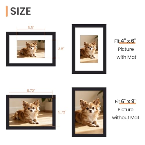 upsimples 6x9 Frame, Display Pictures 4x6 with Mat or 6 x 9 Without, Wall Hanging Photo Frames, Black, 1 Pack - color: Black, size: 6x9