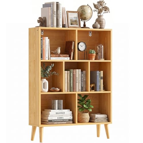 7 Cube Bookshelf, 3 Tier Mid-Century Modern Bookcase with Wooden Legs, Heavy Duty Cubby Storage Organizer Display Shelf for Living Room, Bedroom & Office, Deep Natural - color: Deep Natural, size: 7-Cube