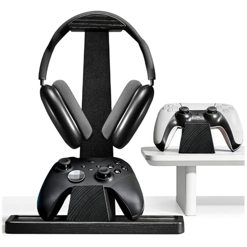 UPERGO Headset Stand with 2 Controller Holders - Solid Wood & Metal Gaming Headphone Holder for Switch, Controllers, and Desk Accessories (Black) - color: Black