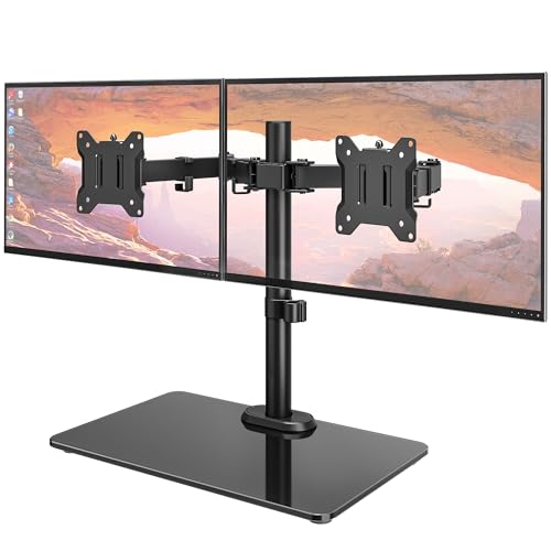 monTEK Freestanding Dual Monitor Stand with Sleek Glass Base for 17-32 inch Screens, Heavy-Duty Dual Monitor Mount Holds 22 lbs per Arm, Fully Motion Height Adjustable, VESA 75/100 MM