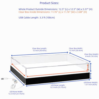 Light Up Acrylic Display Case with RGBW LED Lights, USB Powered with Switch Panel & App Control, Clear Collectible Display Box for Books, Medals, Stamps and Cards, 12x12x4 Inch - size: 12''(L) x 12''(W) x 4''(H)