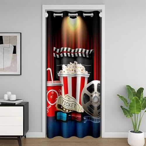 Manfei Retro Film Cinema Theater Door Curtain Privacy,Tasty Food Cute Popcorn Cola Blackout Curtain,Movie Theme Door Window Curtain 1 Panel,52" W X 80" L - color: Black 01, size: 52"W x 80"L (Pack of 1)