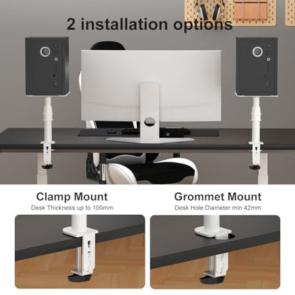 suptek Clamp-on Speaker Stand Desk Mount Set, Height Adjustment, Tilt, Swivel, 9.6 x 8.8 inch Trays, Universal Audio Holders for Computer and Bookshelf Speakers, Elevated Sound, 2 Pack, White, SDM001W - color: White