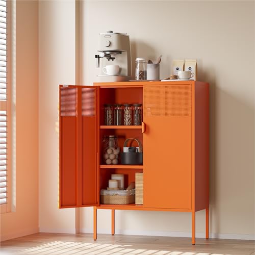 COFaR Orange Metal Storage Cabinet, 47”H Vibrant Coffee Bar & Buffet Sideboard with Adjustable Shelves, Fun Kitchen Organizer, Ventilated Steel Cabinet with Magnetic Doors for Dining Room, Office - color: Orange, size: 47"H with Mesh