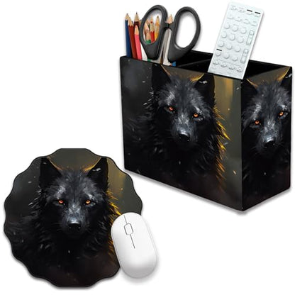 Pen Holder and Anti-Slip Mouse Pad Combination, Makeup Brush Storage Box, Tableware Storage Box, Suitable for Office and Home - Black Wolf - color: Black Wolf