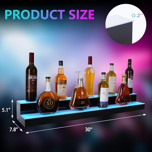 Led Lighted Liquor Bottle Display Shelf, 30 Inch 2 Tier Whiskey Rack, Support USB, Bar Stand with RF Remote & App Control, Illuminated Acrylic Lighting Shelves for Home Bar, Party - size: 30" 2 step