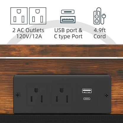 Adjustable Height Couch Table with USB-C Charging Station & Pocket Storage – Compact Couch Stand with Hooks & Wheels for Small Spaces & Living Room, Adjustable C Table (Rustic Brown) - color: Rustic Brown