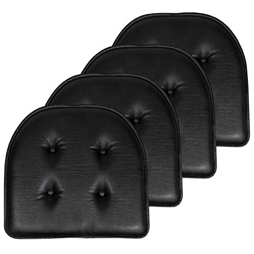 Sweet Home Collection Chair Cushion Memory Foam Pads Tufted Slip Non Skid Rubber Back U-Shaped 17" x 16" Seat Cover, Faux Leather Black 4 Count - color: Faux Leather Black, size: 4 Pack, style: Foam Pads