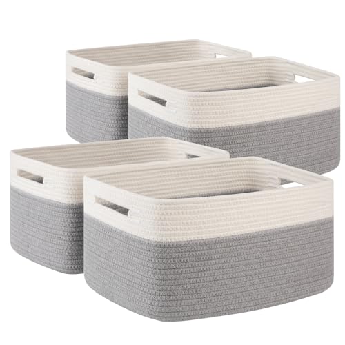 4 Pack Storage Baskets for Organizing, Woven Baskets for Shelves - Perfect for Toys, Books, Towels, and Clothes, Durable Gift Basket Bins Toy Storage, 15.7''Lx11.8''Wx7.8''H, Grey and White - color: Grey & White, size: Large/15.7''Lx11.8''Wx7.8''H