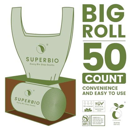 SUPERBIO 1.6 Gallon Handle Tie Compostable Food Scrap Bags For Counter Top Compost Bin, Small Compost Bags, 50 Count, 6 Liter, BPI & OK compost INDUSTRIAL Certified - color: 1.6 Gallon Handle Tie, 50 Count