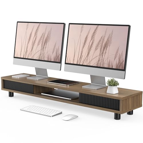 Fenge Dual Monitor Stand, 42.5inch Long Monitor Stands Riser for 2 Monitors, Glass Sliding Door with Storage Organizer Stand for Desk, 2 Tier Desk Shelf for Laptop, Pc, Printer, Computer, TV - color: Brown