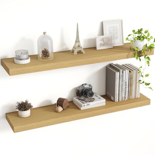 Acovy 36 Inch Floating Shelves, 8 Inch Deep Floating Shelves for Wall, Hanging Shelf with Invisible Brackets, Deep Shelves for Bathroom, Bedroom, Living Room, Oak, Set of 2 - color: Oak, size: 8"Wx36"L-2pcs
