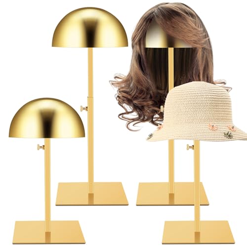 Sintuff 4 Pcs Hat Display Stand:adjustable 7.9-15.7inch Wigs Head Holder Stand Non Slip Stainless Steel Metal Rack for Multiple Hats Wig Storage Styling Practice(Gold,Square Base) - color: Gold, style: Square Base