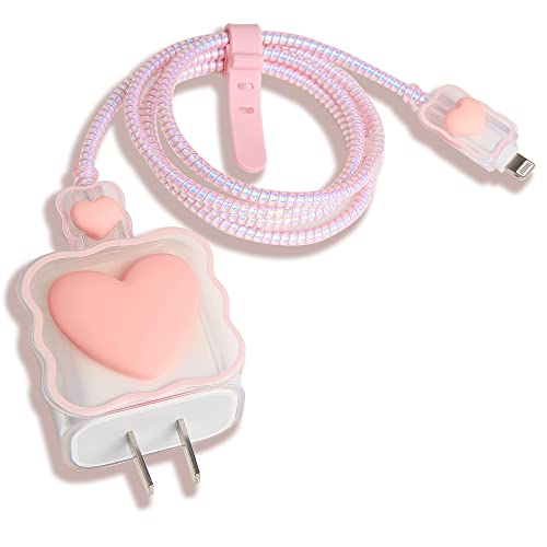 Compatible with iPhone 18W/20W USB-C Charger Cover Lovely 3D Love Heart Waves Clear Soft Charger Protector Cute Cable Saver for iPhone 11 12 13 14 Pro Max Fast Power Adapter, Pink 1 (5in1) - color: Pink 1 (5 in 1)