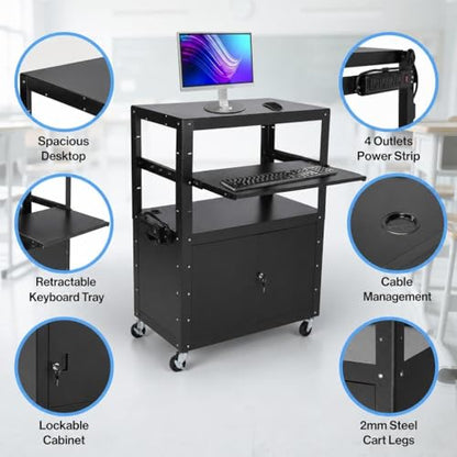 Adjustable Height AV Media Cart, 24-42 Inch Mobile Stand with Locking Storage, Extended Tray Organizer, Cable Management Wheels, for Home Office School - size: Without extension rack