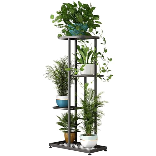 LINZINAR Plant Stand Indoor Outdoor Corner 4 Tier Metal Plant Shelf Patio Plant Rack for Garden Corner Balcony Living Room - color: Dark Grey, size: 4 Tier-5 Potted