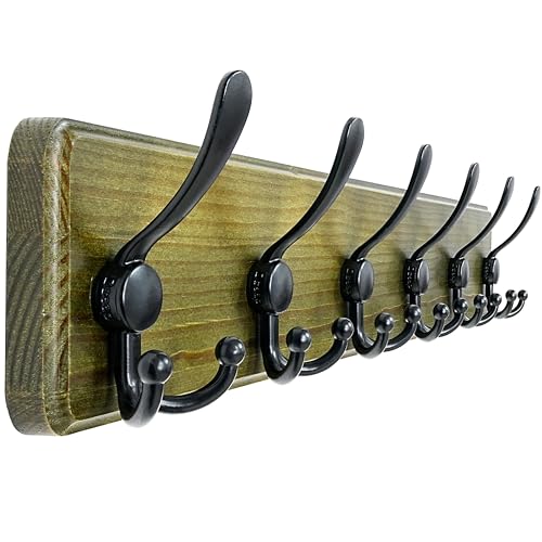Dseap Coat Rack Wall Mounted - 24" Long 6 Tri Hooks, Heavy Duty Wooden Wall Coat Hanger Coat Hook for Clothes Hat Jacket Clothing, Weathered Green and Black - color: Weathered Green & Black, size: L=24"