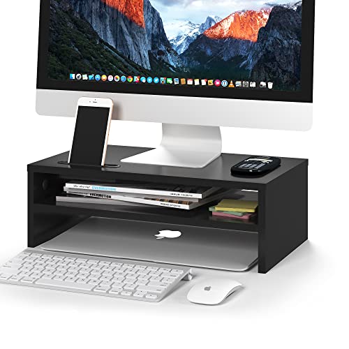 BONTEC Wooden Monitor Stand Riser, 2-Tier Desk Shelf with Storage Organizer, Ergonomic Computer Stand with Cable Management, Cellphone Holder, Black, 16.5 Inch - color: Black, size: 16.5 Inch
