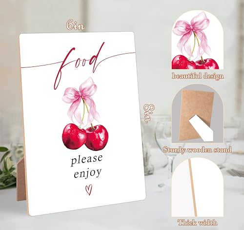 Cherry Wedding Signs for Reception, Pink Bow Food Please Enjoy Sign, Berry Wooden Wedding Signs with Stand, Pink Bow Theme Bridal Shower Decorations, Bridal Shower Party Supplies for Reception, 07 - color: Cheery07