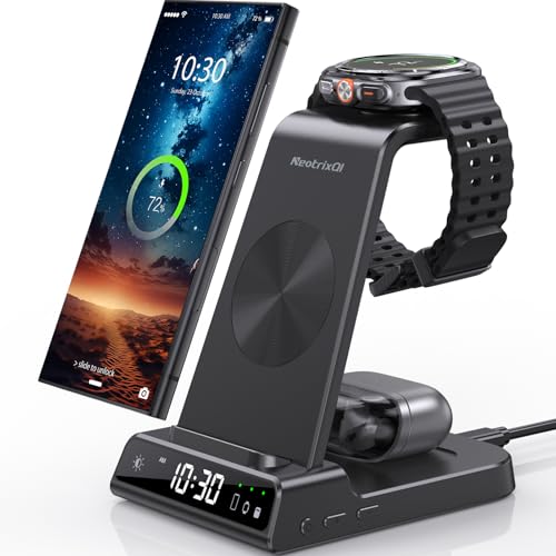 Wireless Charger for Samsung Charging Station: 3 in 1 Android Charging Stand with Dimmable Clock - Nightstand Organizer for Galaxy S25 Ultra, Galaxy Watch 8 7 6 5 4, Galaxy Buds (Not for iWatch) - color: Black