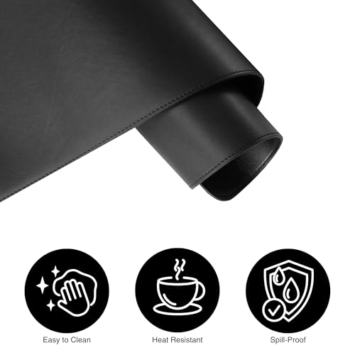 Courtyard Desk Pad by Castle - Leatherette Desk Blotter Office Mat - Durable Waterproof Easy to Clean PU Computer Desk Mat with Non-Slip Base for Home & Office, 36.0" x 17.0", Black with Black Thread