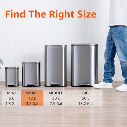 Amazon Basics SMALL Trash Can, 3.1 Gallon (12L), Smudge Resistant Rectangular Bin with Soft-Close Lid, Step Foot Pedal, Removable Inner Bucket, Brushed Stainless Steel, Satin Nickel Finish - size: Small, 12L/3.2 Gal