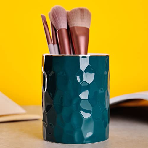 WHJY Ceramic Green Pencil Cup, Makeup brushes Holder, Gold Pen Holder for Desk Cute Small Boho Brush Holder, Modern Geometry Design Pen Holder - color: Green