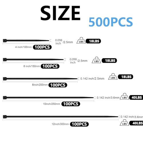 MasiStran 500 PCS Zip Ties Assorted Sizes 4+6+8+10+12 Inch Self-locking Nylon Cable ties Outdoor, UV Resistant Wire Straps for Home Office Garden Workshop Indoor Outdoor Fence(Black) - color: Black, size: 4+6+8+10+12 inch(500pcs)