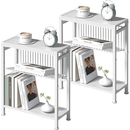 End Table Set of 2 for Small Space, 3-Tier Narrow Side Table with Magazine Holder,Small Nightstand, Skinny Snack Couch Table in Living Room, Bedroom Study and Balcony (White) - color: White-2pcs