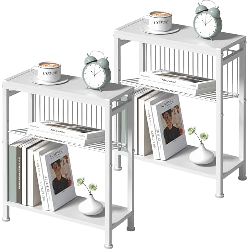 End Table Set of 2 for Small Space, 3-Tier Narrow Side Table with Magazine Holder,Small Nightstand, Skinny Snack Couch Table in Living Room, Bedroom Study and Balcony (White) - color: White-2pcs