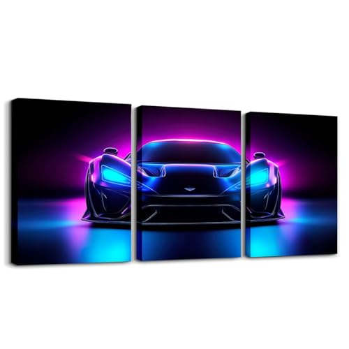 Boys Sports Car Canvas Wall Art Set of 3,Cool Blue Purple Race Car Wall Art for Kids Boys Girls Teens,3D Racing Cars Decor,Extreme Sports Theme Poster Prints Racing Games Race Cars,12x16 - color: Blue Purple Black