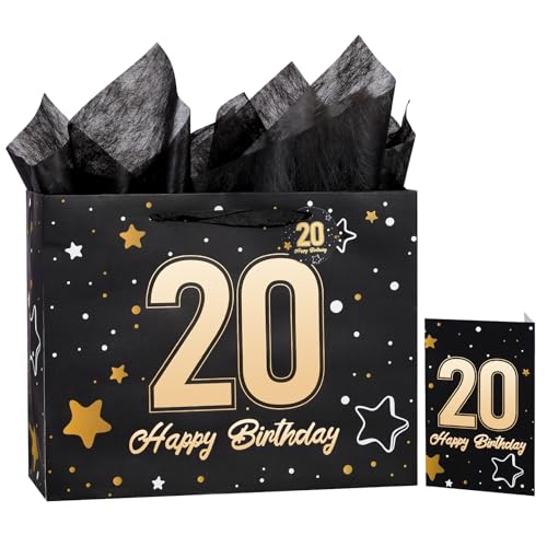 Powbrace 13" Black 20th Birthday Gift Bag with Tissue Paper and Greeting Card for Party,Happy Birthday Gift Bag for Men Women,Gift Bags Medium size(1 Black 20th) - color: 1 PCS Black 20th, size: 1 count (Pack of 1)