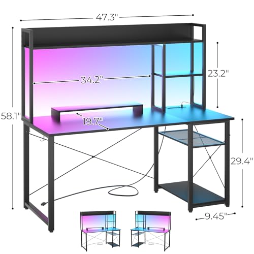 Cyclysio Gaming Desk with Hutch, 47'' Computer Desk with LED Lights & Power Outlets, Home Office Desk with Reversible 5 Tiers Storage Shelves & Monitor Stand, Small Gaming Table for Small Space, Black - color: Black, size: 47 inch