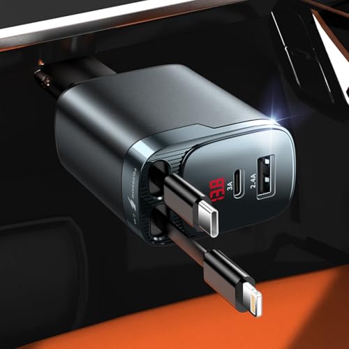 Retractable Car Charger, 4 in 1 Car Charger USB C Fast Charge, Cigarette Lighter USB Charger, Travel Essentials Car Accessories Gifts for Men Women for iPhone 17 16 15 14 13 12 Pro Max, Samsung