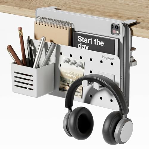 Under Desk Storage Organizer, Laptop Holder Stand with Pegboard Design, Holds 22lbs, Clamp on Desk Organizer, Fits 0.4"-2.2" Desktop Edge, White - color: White