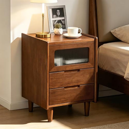 Mid-Century Modern Rubber Wood Nightstand, Narrow Bedside Table with Fluted Glass Cabinet & 2 Drawers, Walnut Finish for Small Bedroom Living Room, 15.75" W×15.75" D×23.81" H - size: 15.75"W × 15.75"D × 23.81"H
