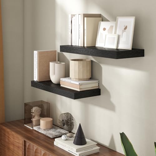 24 Inch Floating Shelves for Wall, 8 Inch Deep Floating Shelf for Storage & Display, Rustic Wall Mounted Shelf with Invisible Brackets for Living Room, Kitchen, Bathroom, Home Decor, Set of 2, Black - color: Black, size: 24 Inch, Set of 2